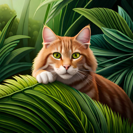 3d rendering of a red cat lying on a green palm leafの素材