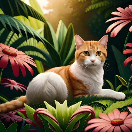 Beautiful cat in the garden with flowers. 3D rendering.の素材