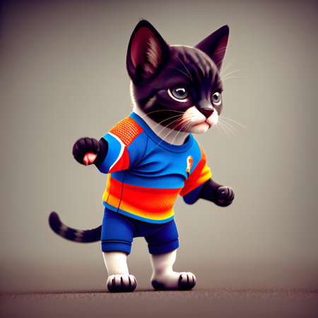 Funny cartoon cat in blue and orange clothes. funny catの素材