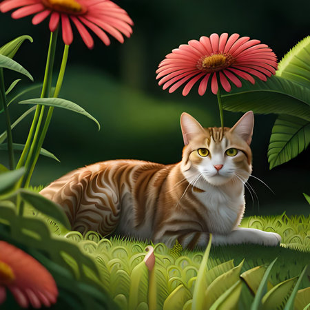 Cat in the garden with flowers - 3D render. Illustration.の素材