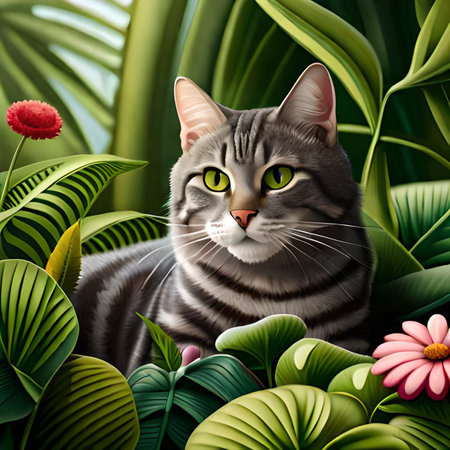 Cat in the jungle with green leaves and flowers - 3d illustrationの素材