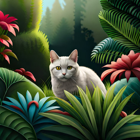 White cat in the jungle with green leaves. 3D illustration.の素材