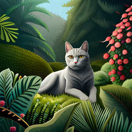 Cartoon cat in the jungle. Vector illustration for your design.の素材