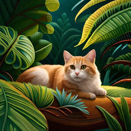 Cute ginger cat in the jungle on green background. Vector illustration.の素材