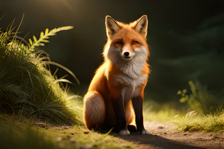Red fox sitting in the grass at sunset, looking at the cameraの素材