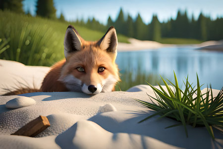 Red fox lying on the sand near the lake. 3d renderingの素材