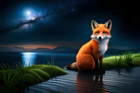 Illustration of a red fox sitting on the shore of a lake at nightの素材