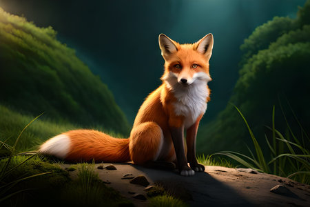 Red fox sitting on the ground in the forest. 3d renderingの素材