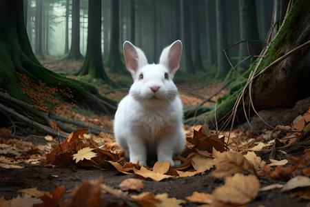 White rabbit in the autumn forest. The rabbit is sitting on the leaves.の素材