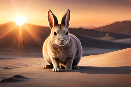 Cute rabbit in the middle of the desert at sunset time.の素材