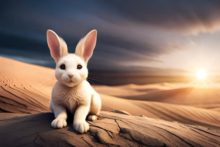 Cute rabbit in the desert at sunset. 3d rendering.の素材