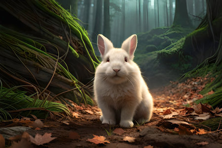 White rabbit sitting on sand dune in the desert at sunset.の素材