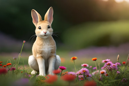 Cute easter bunny sitting on the flower meadow with copy spaceの素材