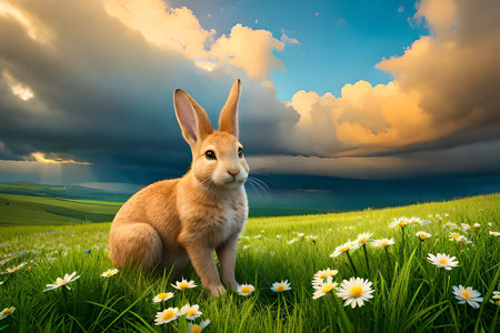 Cute white rabbit in the forest, 3d rendering. Computer digital drawing.の素材