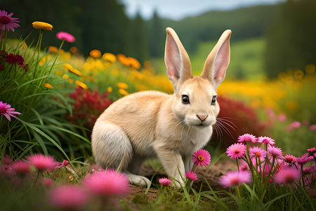 White rabbit in flower meadow at sunset, 3d rendering.の素材