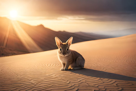 Cute desert dog sitting on the sand dune in sunset lightの素材