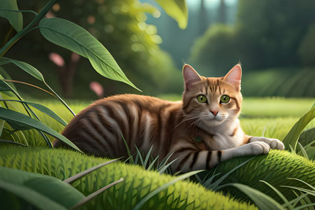 Cute ginger cat sitting on the grass. 3D rendering.の素材