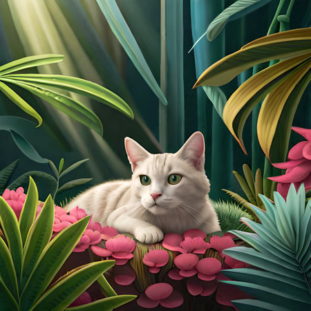 White cat in the garden with tropical plants. 3D rendering.の素材