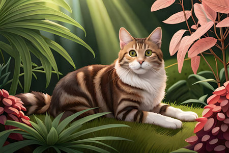 3d rendering of a cat sitting in the grass with leaves backgroundの素材