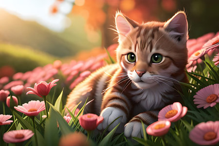 Cute cat in the meadow with flowers. 3d renderingの素材