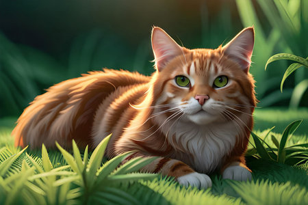 Cute ginger cat lying in the grass. 3D rendering.の素材