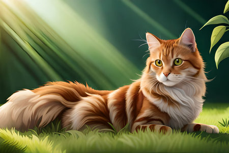 Red Maine Coon cat sitting on green grass and looking at cameraの素材