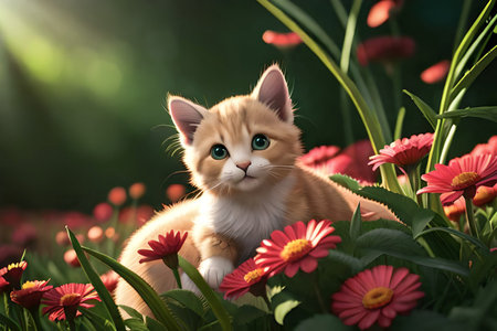 Cute little kitten in flower garden on sunny day. lovely petの素材