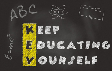 Illustration Of Acronym Of Key Over Black Chalkboard. Keep Educating Yourself Sloganの写真素材