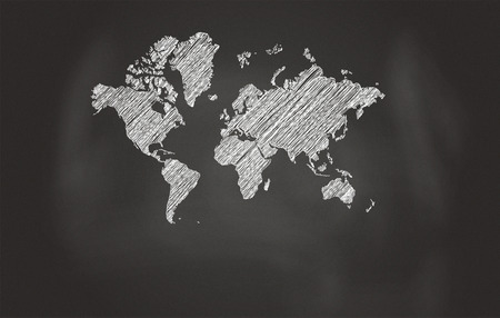 Sketch Of World Map Over Black Chalkboard