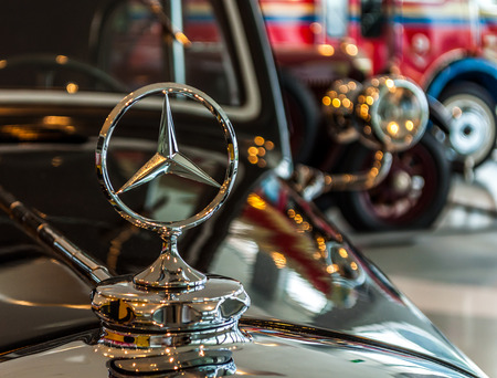 Photo made on June 25, 2017 - Mercedes-Benz Museum, Stuttgart, Germany -Mercedes-Benz logo. Technical Director of Deutz, Gottlieb Daimler, designed it.のeditorial素材