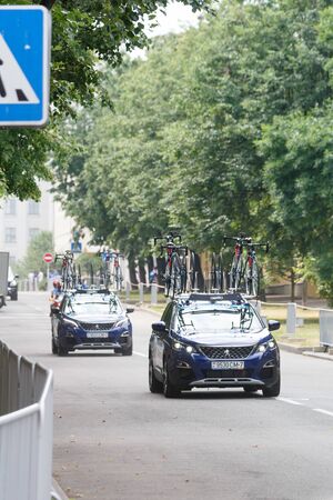 MINSK, BELARUS - 22 June 2019: 2nd European Games Womens cycle road race. View on support units