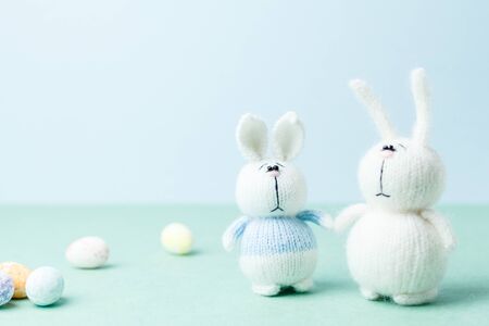 Easter concept. Two knitted bunnies staying near eggs laying on groundの写真素材