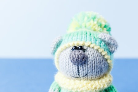 Knitted toy. A plush bear knitted from threads in decorative clothes. Childrens toy for decor, entertainment, animal, rodent, with beady eyes. Futurism concept. Blue backgroundの写真素材