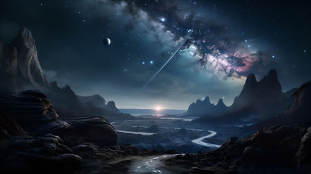 Fantasy alien planet. Mountain and lake. 3D Renderingの素材