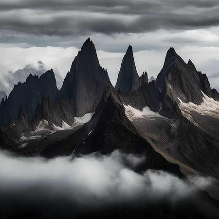 Foggy mountains landscape with clouds in the sky. 3d renderingの素材