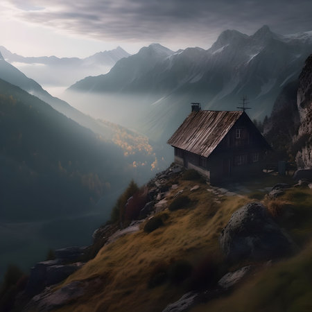 Beautiful landscape with a wooden church in the mountains at sunset.の素材