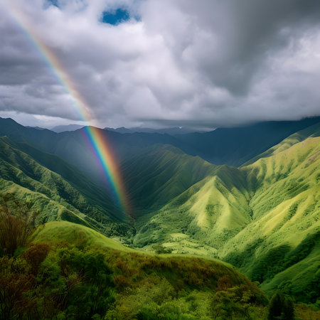 Rainbow over the mountains. Landscape with clouds and rainbow.の素材