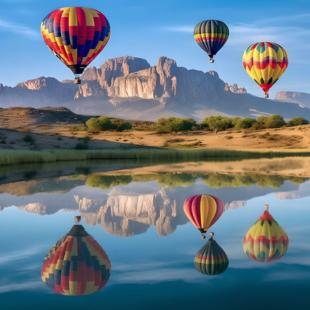 Hot air balloons flying over the lake and mountains in the background.の素材