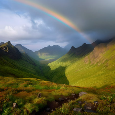 Rainbow over the mountains. Beautiful fantasy landscape. 3D renderingの素材