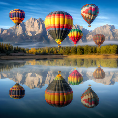 Hot air balloons over lake in the mountains. 3D illustration.の素材