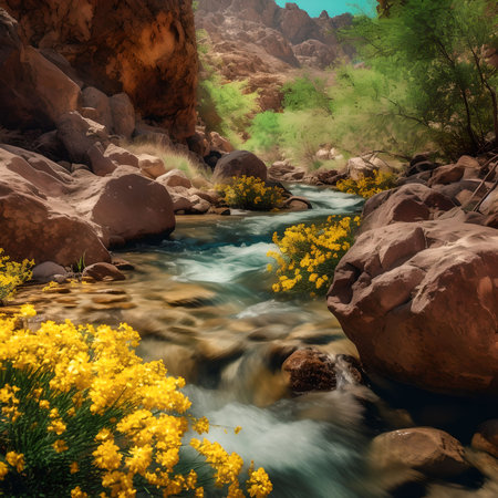 River in the mountains with yellow wildflowers. 3d renderingの素材