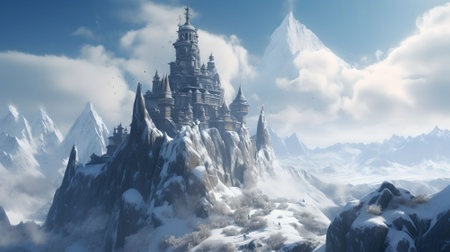 Beautiful fantasy landscape with snowy mountains. 3d render illustration.の素材