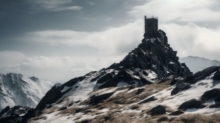 Panoramic view of the top of a mountain with a tower in the cloudsの素材