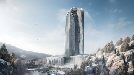 3d rendering of a high-rise building in a winter landscapeの素材