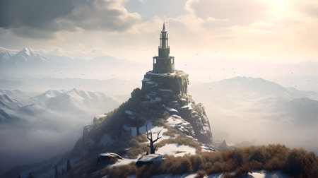 Lighthouse on the top of the mountain. 3d render.の素材