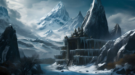 Fantasy Landscape with Mountain and Temple. 3D Renderingの素材