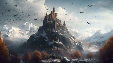 Fantasy landscape with snowy mountains and magic forest. 3d renderingの素材
