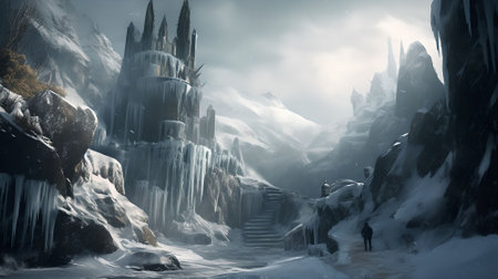 Fantasy landscape with a frozen waterfall in the mountains. 3d renderingの素材