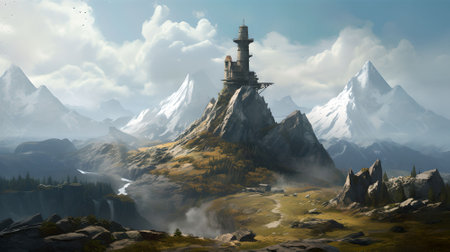 Fantasy alien planet. Mountain and sky. 3D illustration.の素材