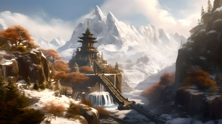 Fantasy landscape with temple and waterfall. Digital painting. 3d renderingの素材